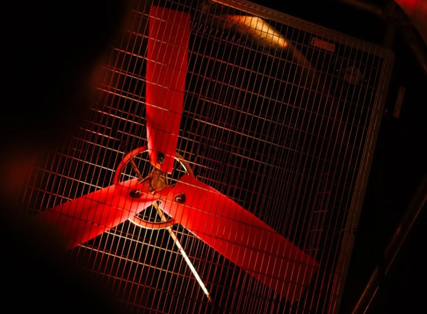 A poultry house ventilation fan fitted behind a protective metal grille to circulate air within the poultry house.